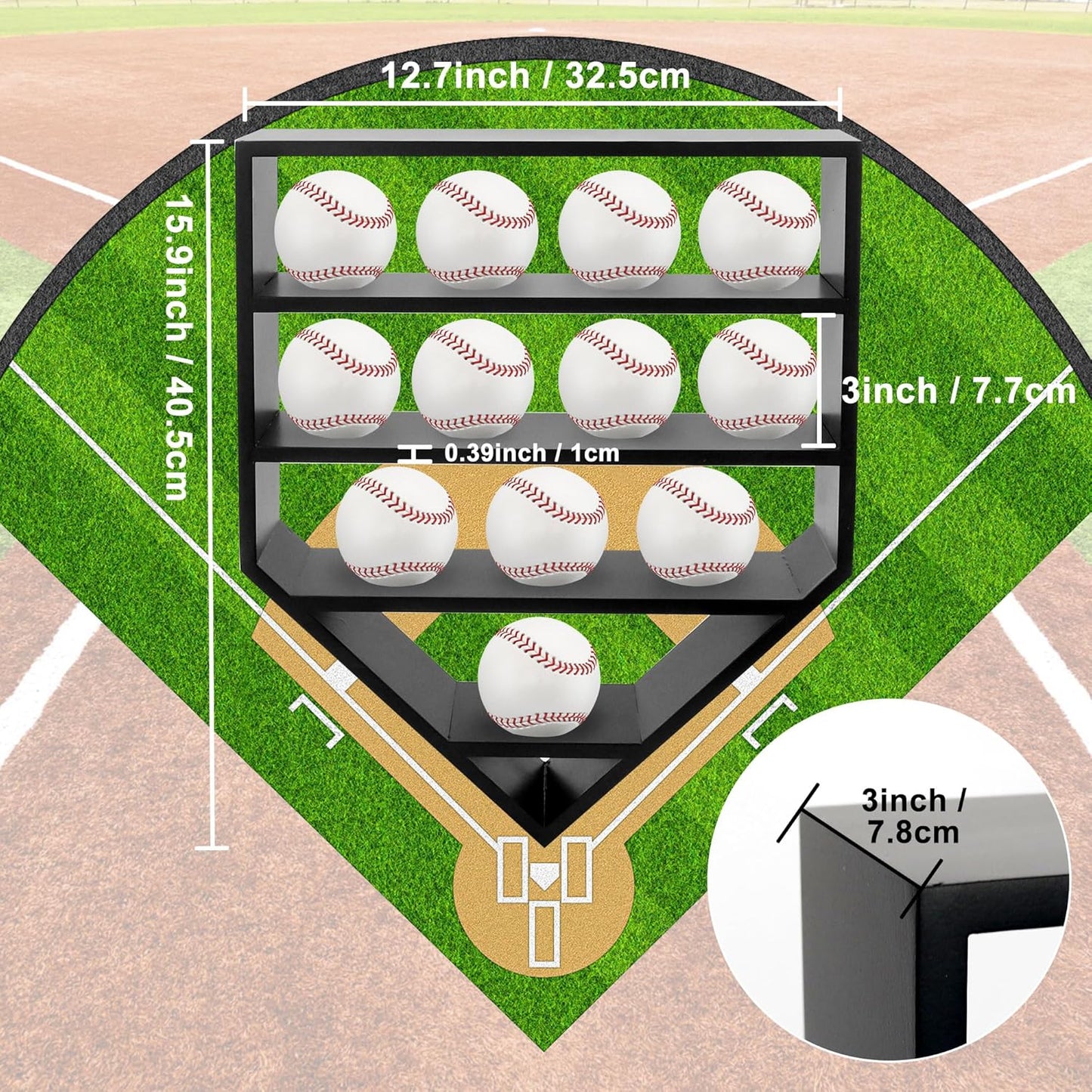 Baseball Display Case,Baseball Holders for Balls,12.8x16 inches Large Black Shadow Box for 12 Baseballs Wall Mount,Without Door,for Home Run and Collector Autograph Balls