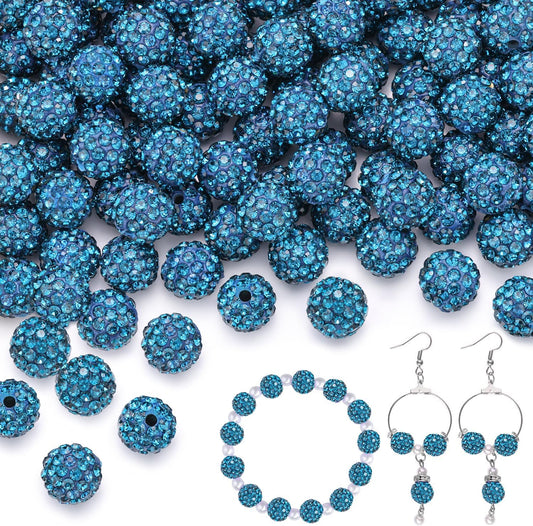 100 pcs 10mm Rhinestone Beads for Jewelry Making, Blue Zircon Shiny Round Shamballa Disco Beads Bulk, Sparkle Crystal Clay Christmas for Bracelet Baseball Necklace Earring Crafting and DIY