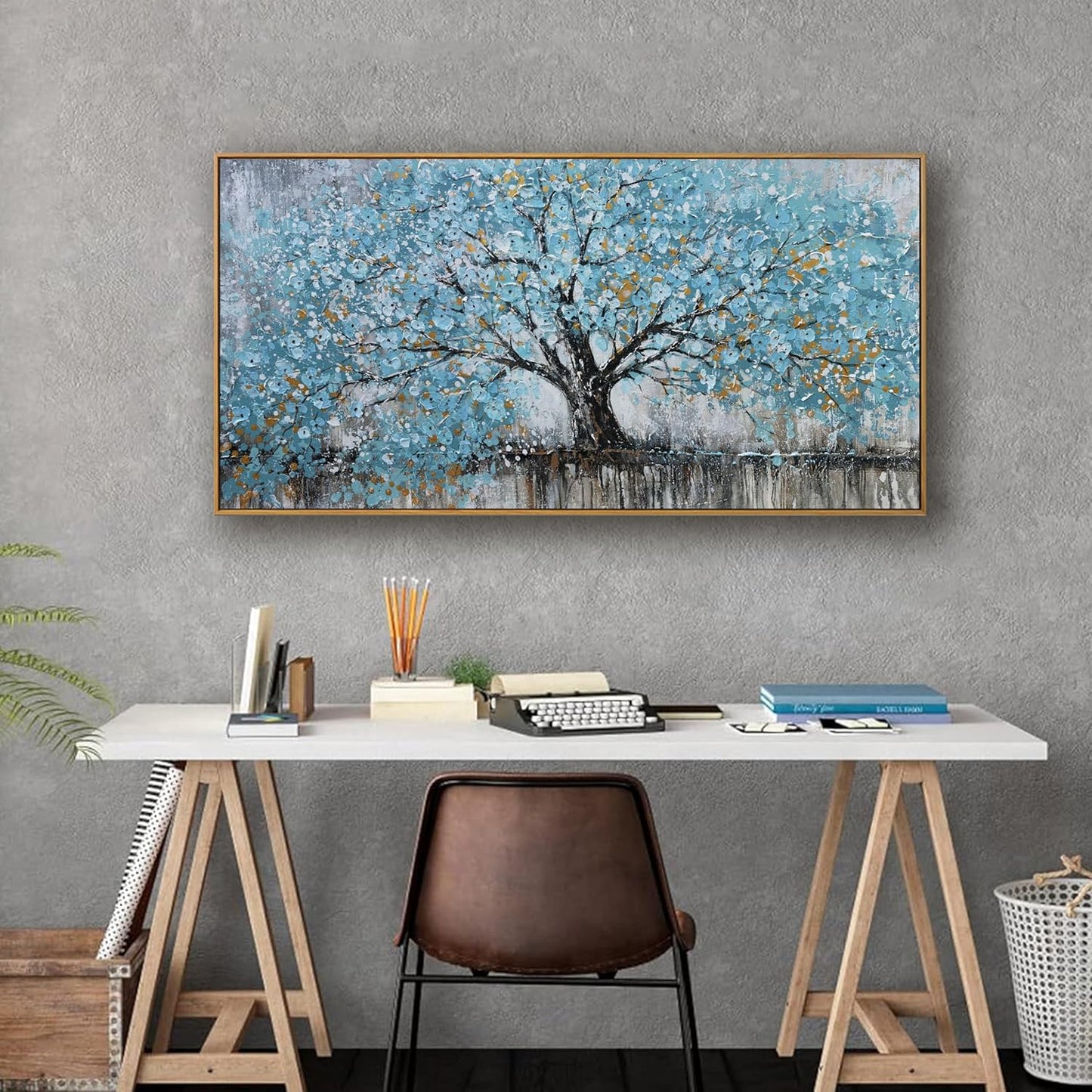 Wall Art Teal Blue Nature Tree Of Life Abstract Canvas Painting Textured Picture Modern Wall Art Landscape Artwork Framed For Living Room Bedroom Bathroom Office Home Decor 20"X40"Painting