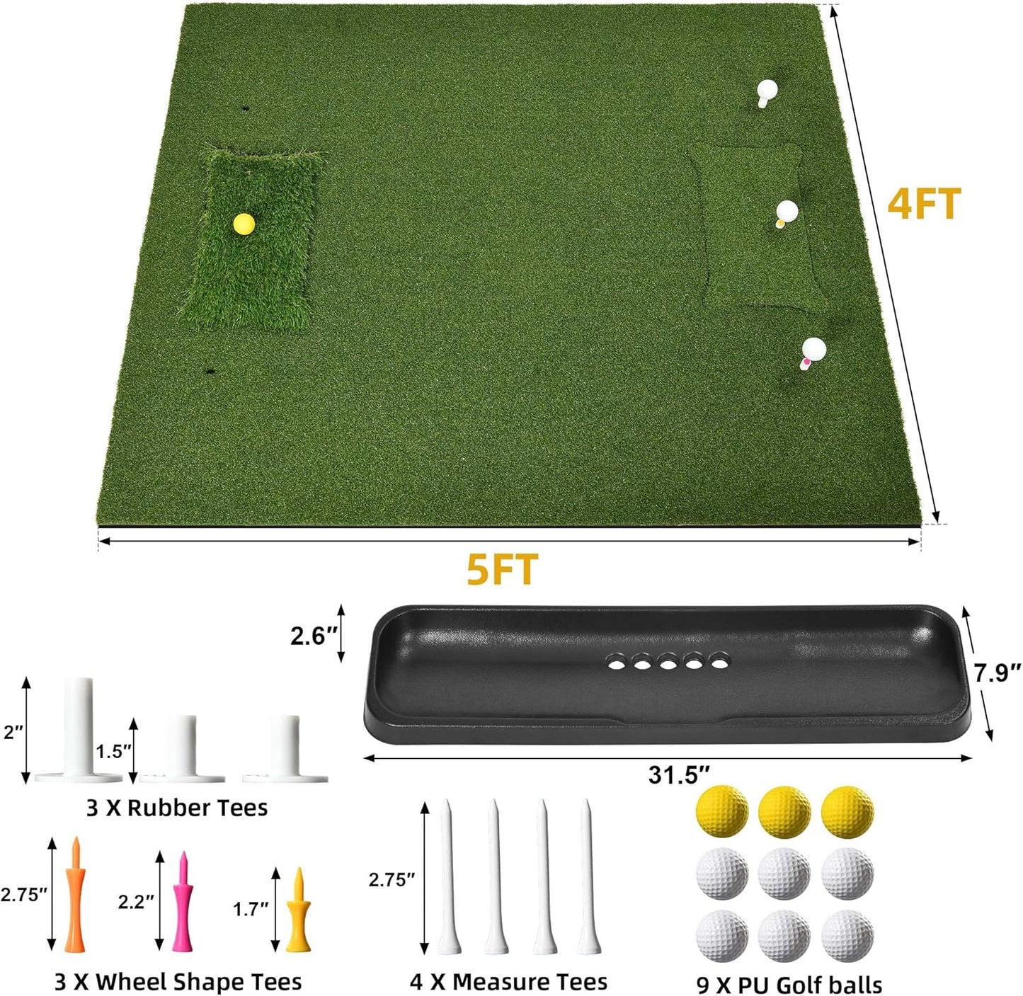 5x4ft Golf Hitting Mat, Thickened 21mm/31mm/36mm Artificial Turf Golf Practice Mats for Indoor Outdoor Backyard Driving Swing Training with 9 PU Balls, 3 Rubber Tees, 7 Tees