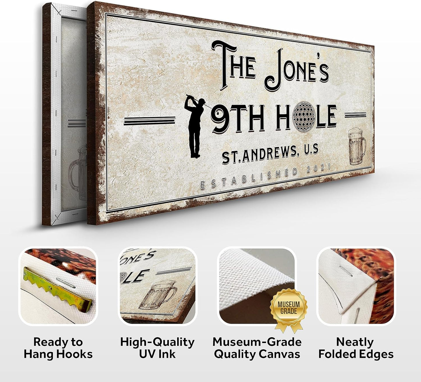 TAILORED CANVASES Golf Art Decor - Personalized Vintage Golf Wall Art Sign for Man Cave, Bedroom, Basement, Home Bar and Custom Gift for Husband, Dad, Wedding & Anniversary - 19th Hole Sign, 20"x10"