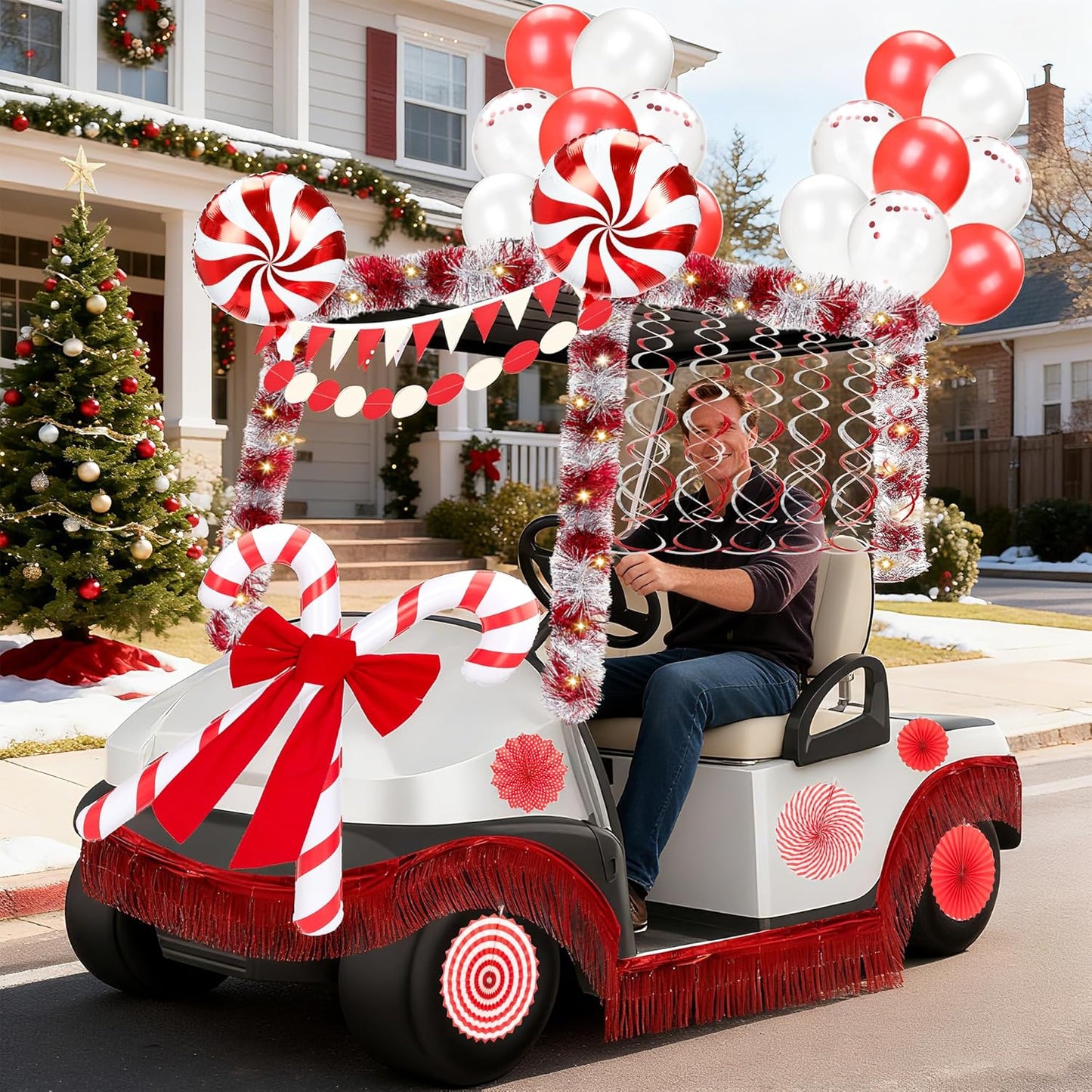 48 Pcs Christmas Parade Golf Cart Decoration Kit with Light String Red White Streamers Candy Canes Balloons Bow Pleated Fan Fringe Banners for Christmas Holiday Party Golf Cart Accessories