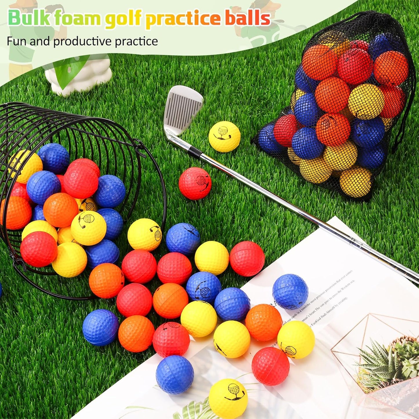 Mudder 200 Pcs Foam Golf Practice Balls Bulk, Soft Foam Ball, Realistic Feel Elastic, Limited Fly Practice for Golf Indoor or Outdoor Training, with 2 Nylon Drawstring Bag