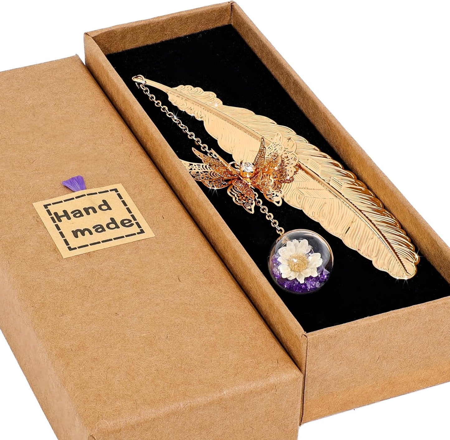 Metal Feather Bookmark with Butterfly Charm – Christmas Gifts for Women, Teachers & Book Lovers – Stocking Stuffers, Secret Santa, Birthday & Holiday Gift Box