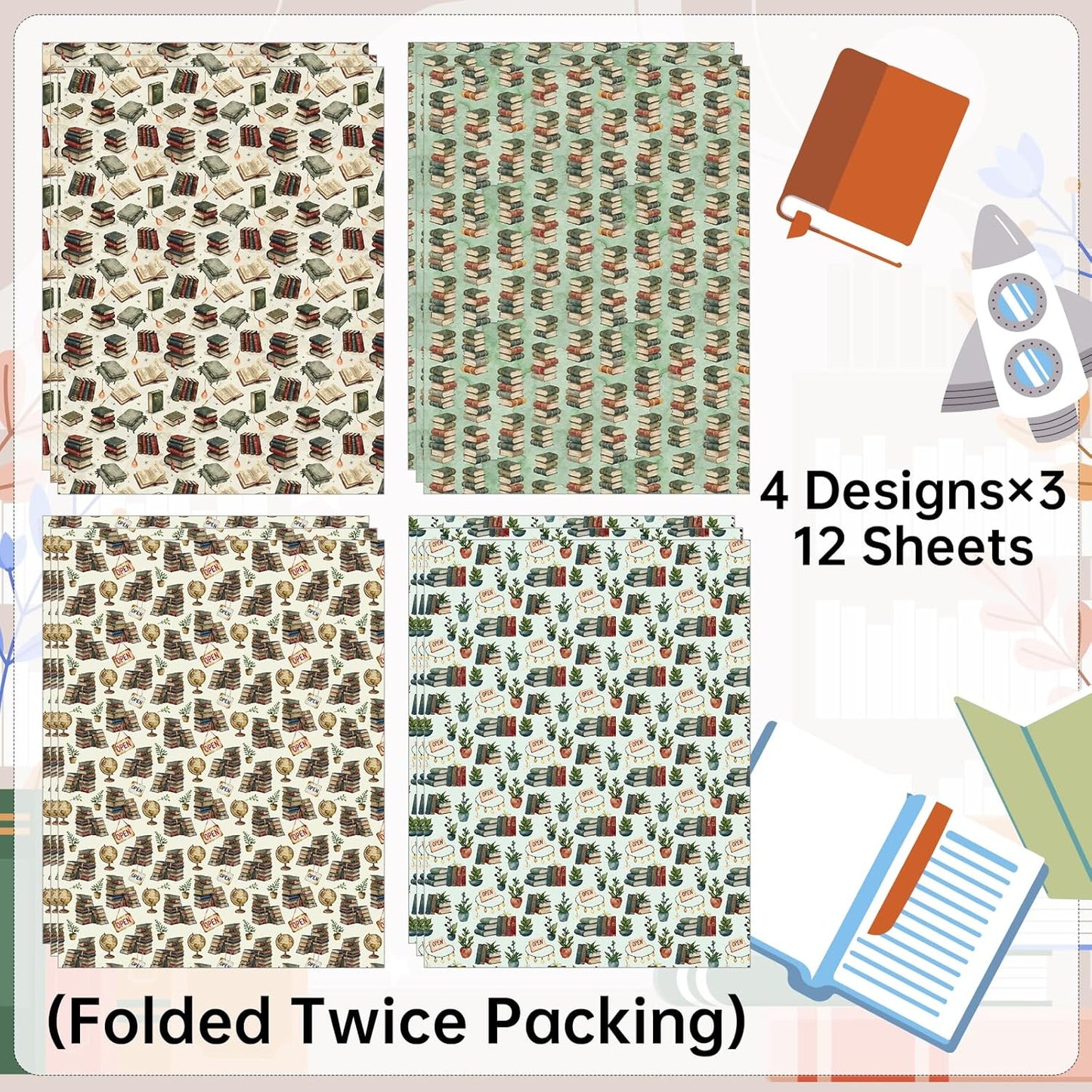 Pineraap Bookish Wrapping Paper 12 Sheets Watercolor Vintage Book Themed Designs Gift Wrap for Book Lovers, Librarians, Bookstores, 20"×28"