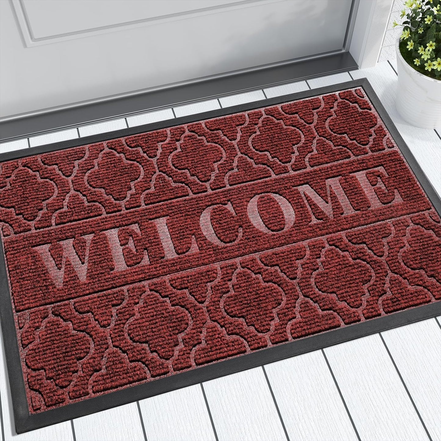 Yimobra Christmas Door Mat Outdoor Indoor 29.5x17, All-Weather Waterproof Front Door Mat Outside Entrance, Non-Slip Low Profile Porch Patio Welcome Doormat, Red