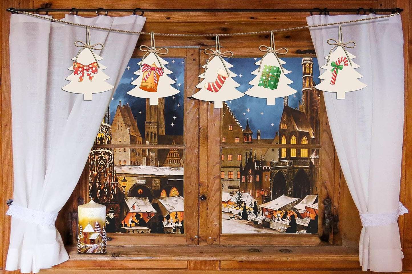 50PCS Unfinished Wood kit with Holes, Wood Slice for DIY Crafts, Blank Tree Wood Cutouts Wooden Tags Ornaments for Sign Gift Tags, Christmas Decorations Outdoor Indoor Decor (Christmas Tree Shape)