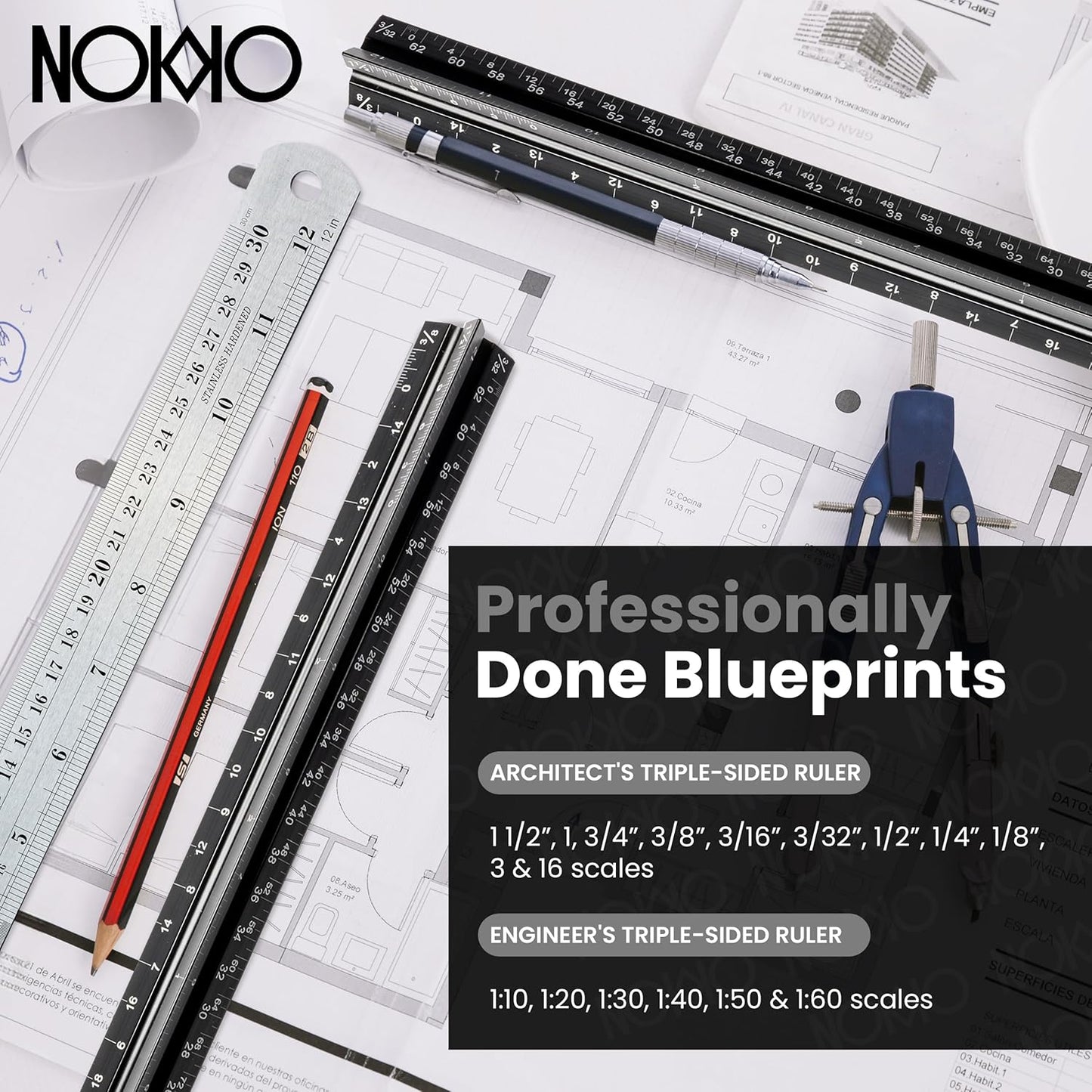 NOKKO 12 Inch Architectural and Engineering Scale Ruler Set - Professional Architect and Engineer Scale Rulers for Drafting, Architects, Engineers, Construction, Students, Metal Ruler 12 Inch Included