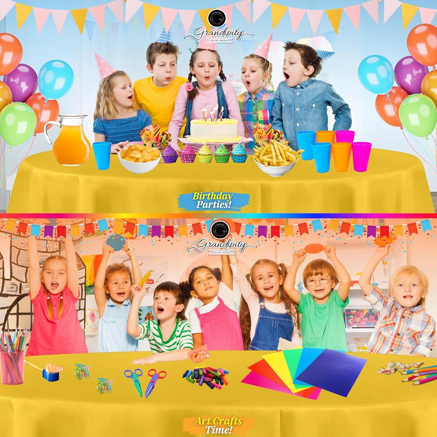 Grandipity 12 Pack Premium Disposable Plastic Tablecloth 84" Inch Decorative Round Table Cover - Yellow