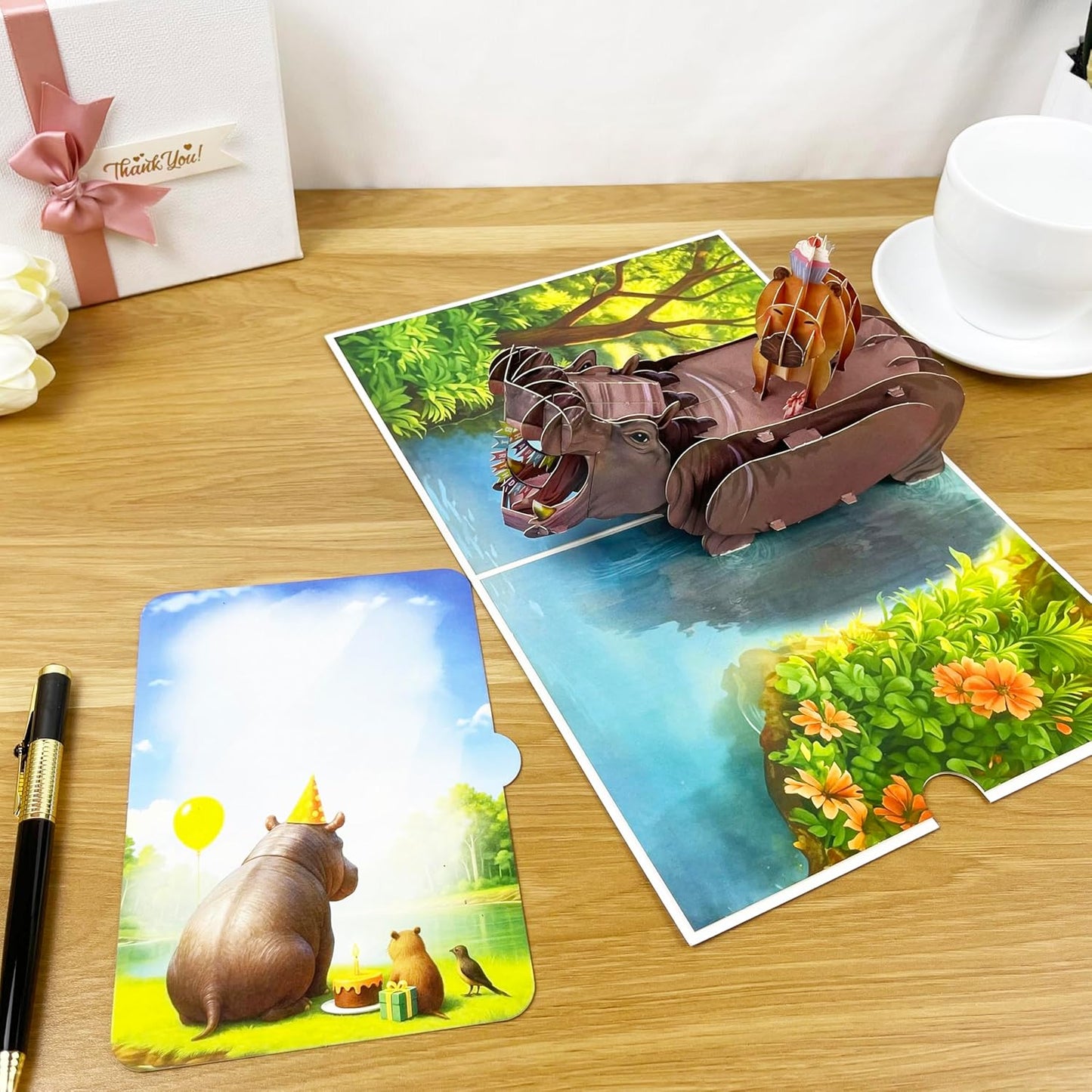 3D Capybara on Hippo Popup Card - Funny Handmade Animal Paper Art for Birthday, Anniversary, Christmas, Valentine’s Day - Unique Gift for Him, Her, Kids, Capybara & Animal Lovers