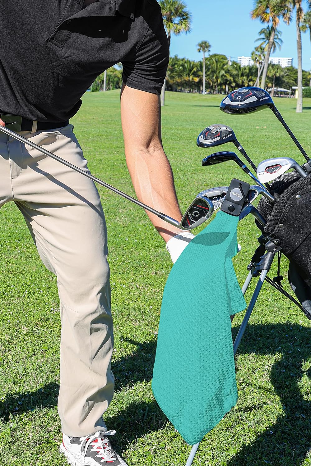 Magnetic Golf Towels for Golf Bags with Clip & Ultra Strong Magnet - Waffle Weave Microfiber Towel for Secure Hold on Bags & Carts - Ideal Club Cleaner & Accessories - Aqua
