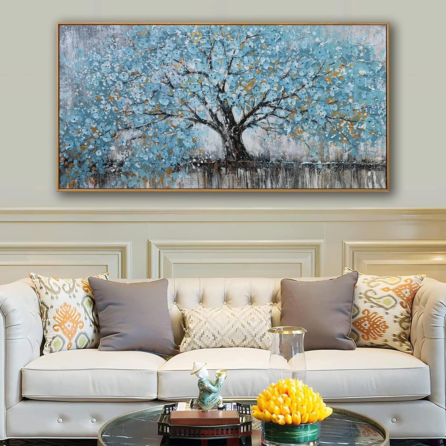 Wall Art Teal Blue Nature Tree Of Life Abstract Canvas Painting Textured Picture Modern Wall Art Landscape Artwork Framed For Living Room Bedroom Bathroom Office Home Decor 20"X40"Painting