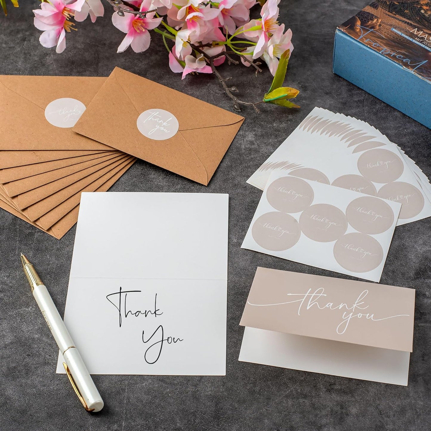 100 Bulk Khaki Thank You Cards with Kraft Envelopes and stickers - 4 Minimalistic Designs Blank Thank You Notes with Envelopes beige for business Wedding Bridal Gift Baby Shower Business Graduation