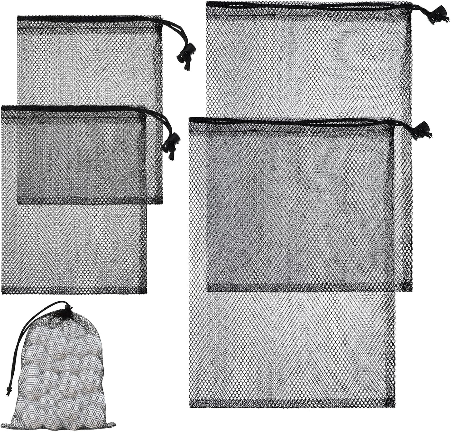 Grevosea 4 Pcs Mesh Bags with Drawstring, Nylon Mesh Golf Ball Bag Golf Storage Pouch Sports Equipment Organizer Sack for Collecting Half Balls Tennis Beach Travel Accessories (2 Sizes)