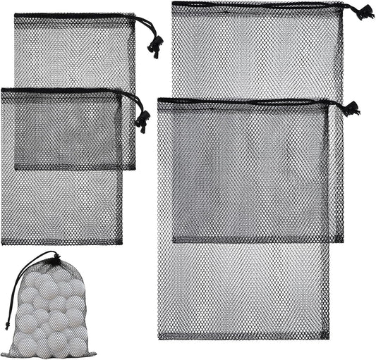 Grevosea 4 Pcs Mesh Bags with Drawstring, Nylon Mesh Golf Ball Bag Golf Storage Pouch Sports Equipment Organizer Sack for Collecting Half Balls Tennis Beach Travel Accessories (2 Sizes)