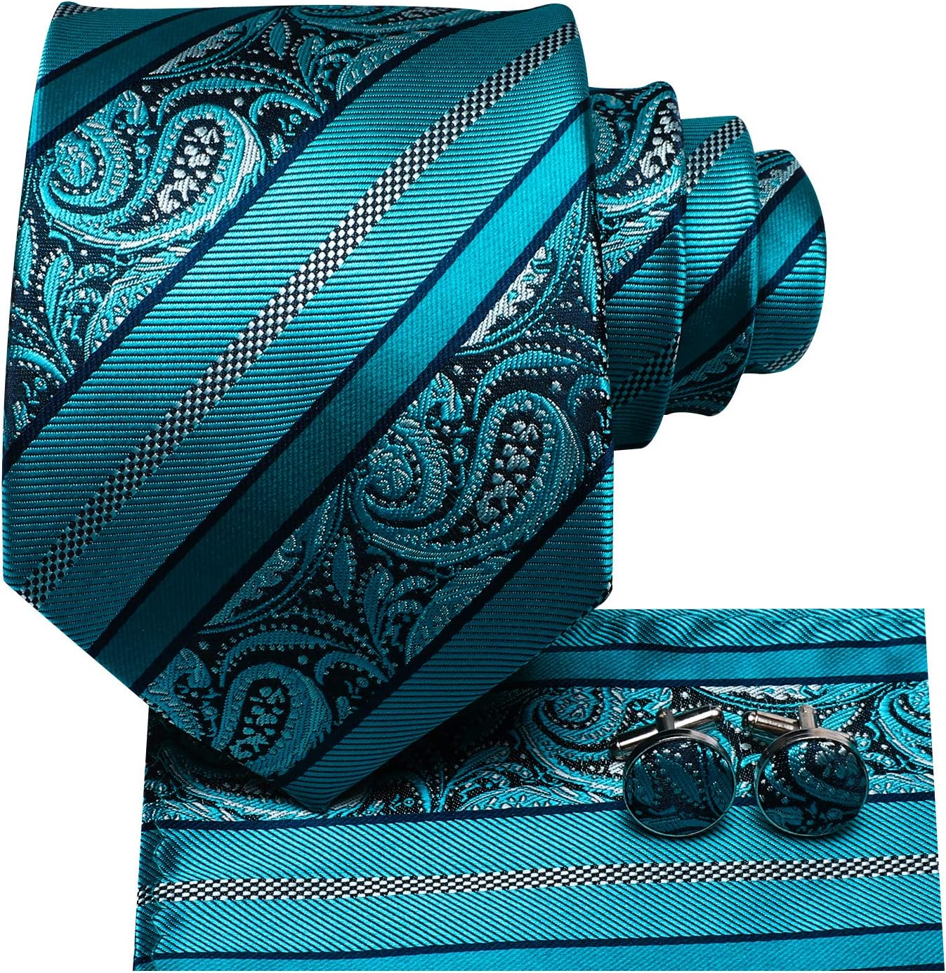 Hi-Tie Men 63inches Tie Set Extra Long Necktie Paisley Tie Pocket Suqare Cufflinks Big and Tall Men Tie