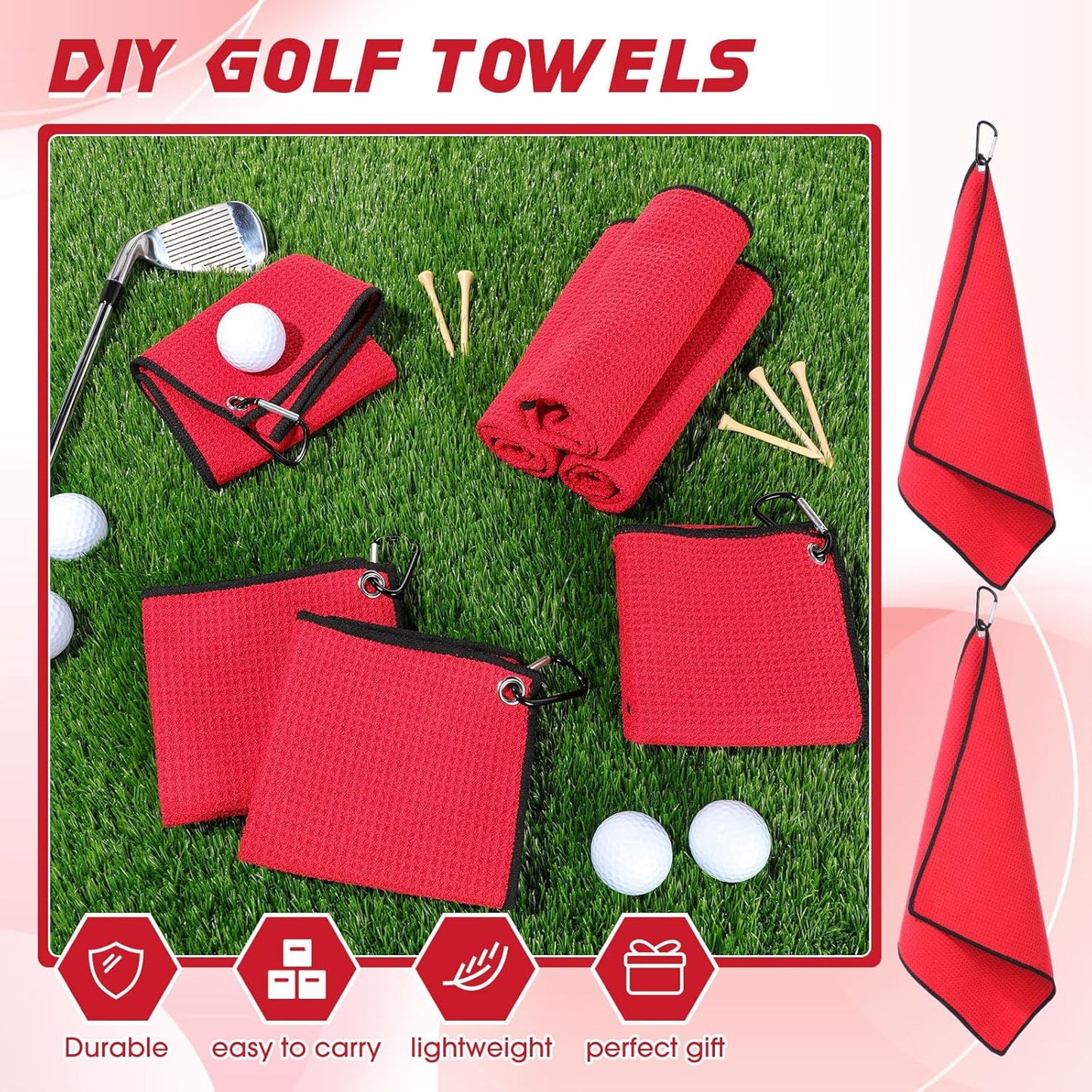 Batiyeer 30 Pcs Golf Towels Bulk for Bags 16'' x 16'' Microfiber Fabric Golf Towel with Clip Waffle Pattern for Men Mini Tournament Fitness Yoga Camping (Red)