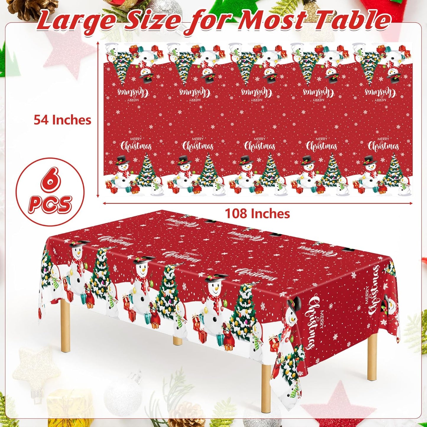 QZYL 6 Pack Christmas Tablecloths, 54" x 108" Holiday Rectangle Tablecloth, Snowman Design Holiday Plastic Table Cloth Disposable Tablecover, Christmas Party Supplies Xmas Home Decor