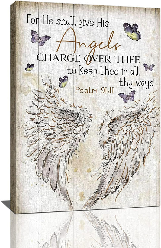 Scripture Psalm 91 Wall Art Christian Angel Wings Pictures Wall Decor Bible Verse Canvas Painting Print Artwork Abstract Modern Home Decorations Framed Ready to Hang for Office Living Room 16"x24"