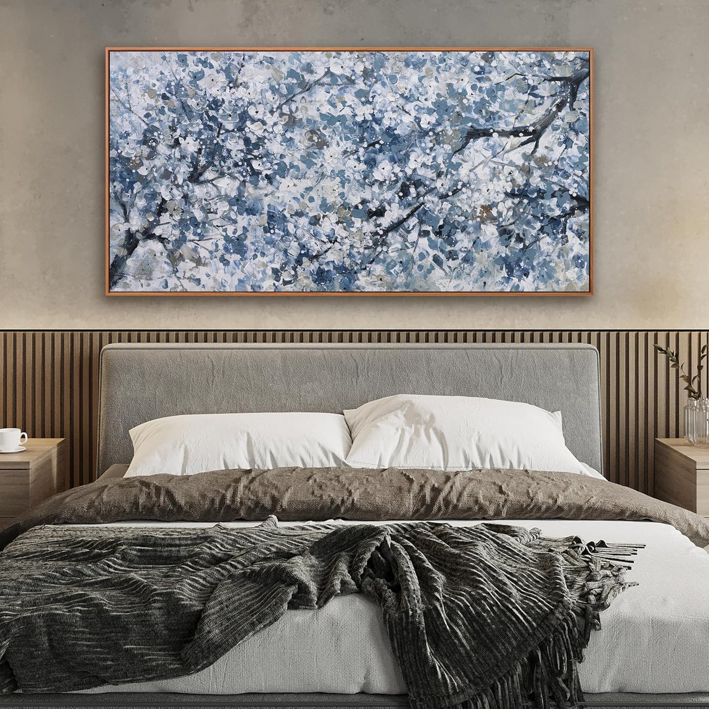 Modern Wall Art Nature Art Canvas Artwork Wall Decor Painting Dark Blue And White Abstract Tree Botanical Wall Art With Framed For Bedroom Living Room Dining Room Home Office Decor 24"×48"