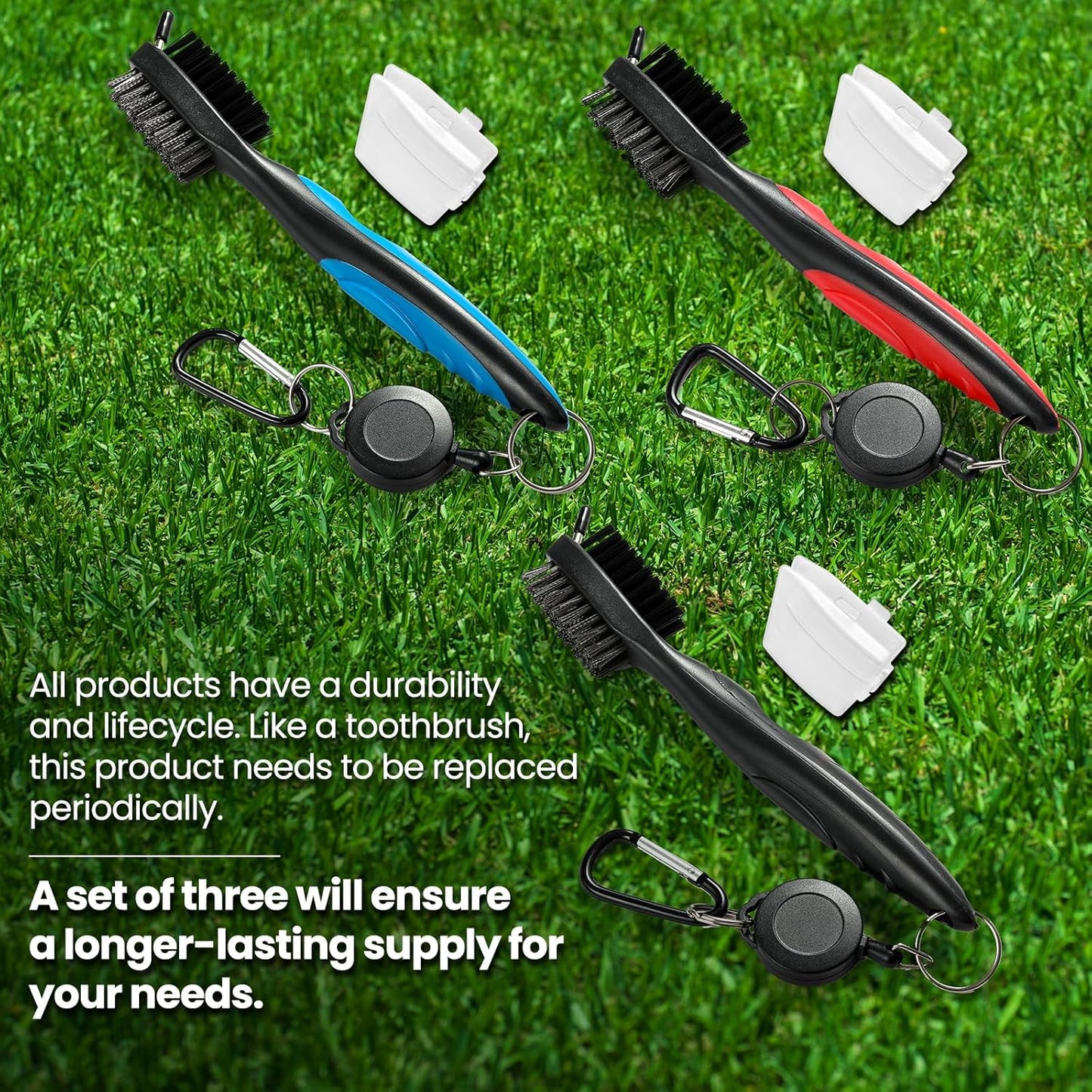 3 Pack Golf Club Brush and Club Groove Cleaner with Retractable Zip-line and Aluminum Carabiner Cleaning Tools , Golf Accessories, Golf Gifts for Men , Golf Ball Cleaner, Easily Attaches to Golf Bag