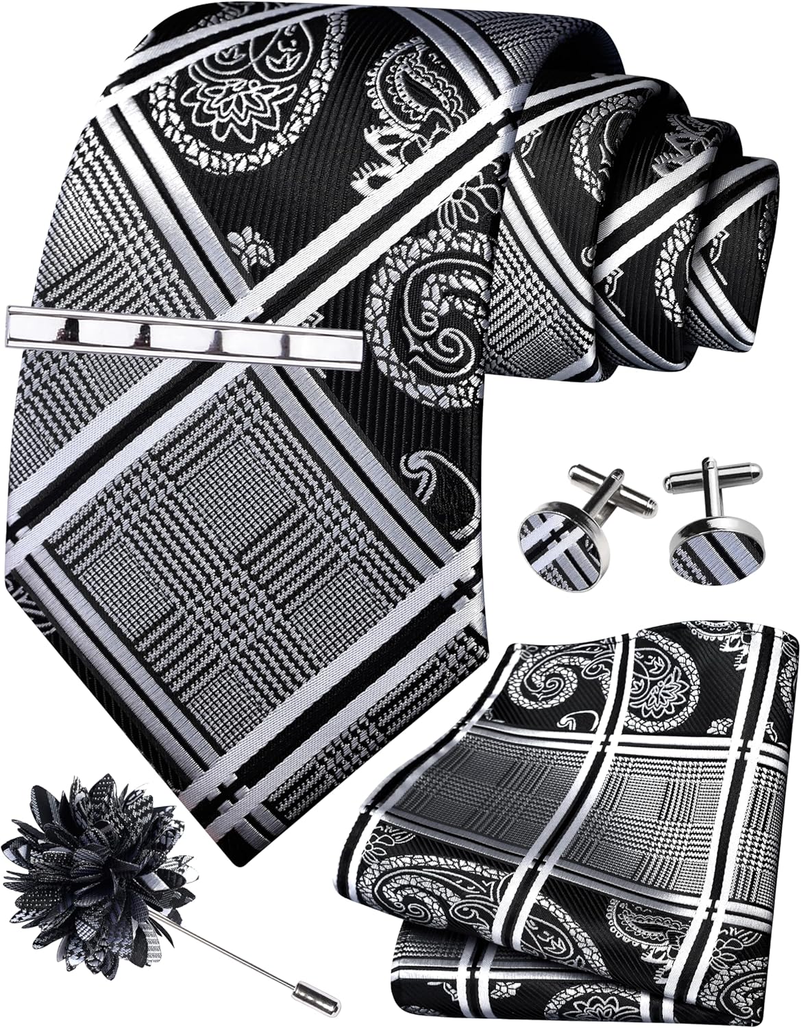 GUSLESON Tie Set for Men Necktie and Pocket Square,Tie Clip,Cufflinks, Lapel Pin Sets with Gift Box 5PCS