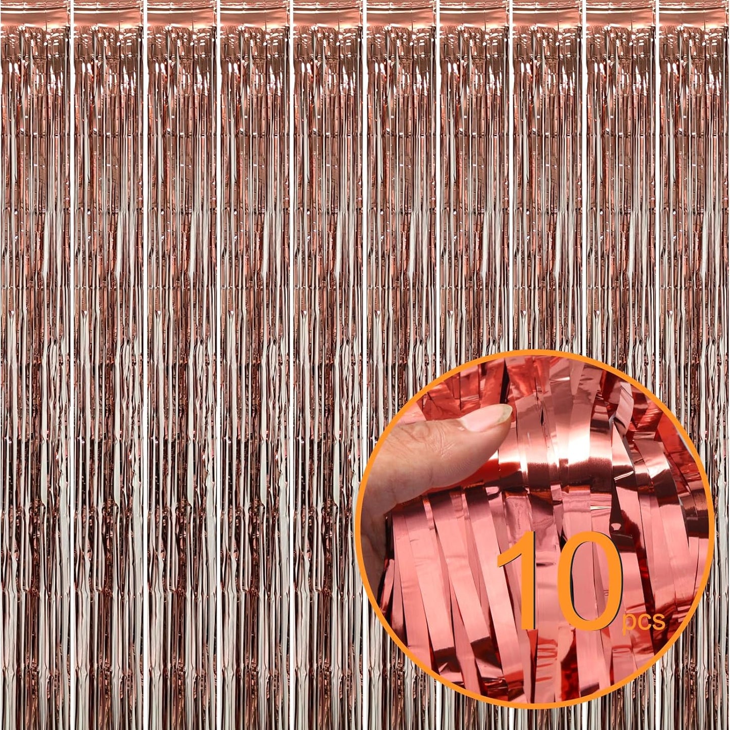 10 Pack Rose Gold Foil Curtain Backdrop Metallic Tinsel Foil Fringe Curtains Photo Booth Props for Birthday Wedding Engagement Bachelorette Christmas Holiday Celebration Party Decorations Supplies