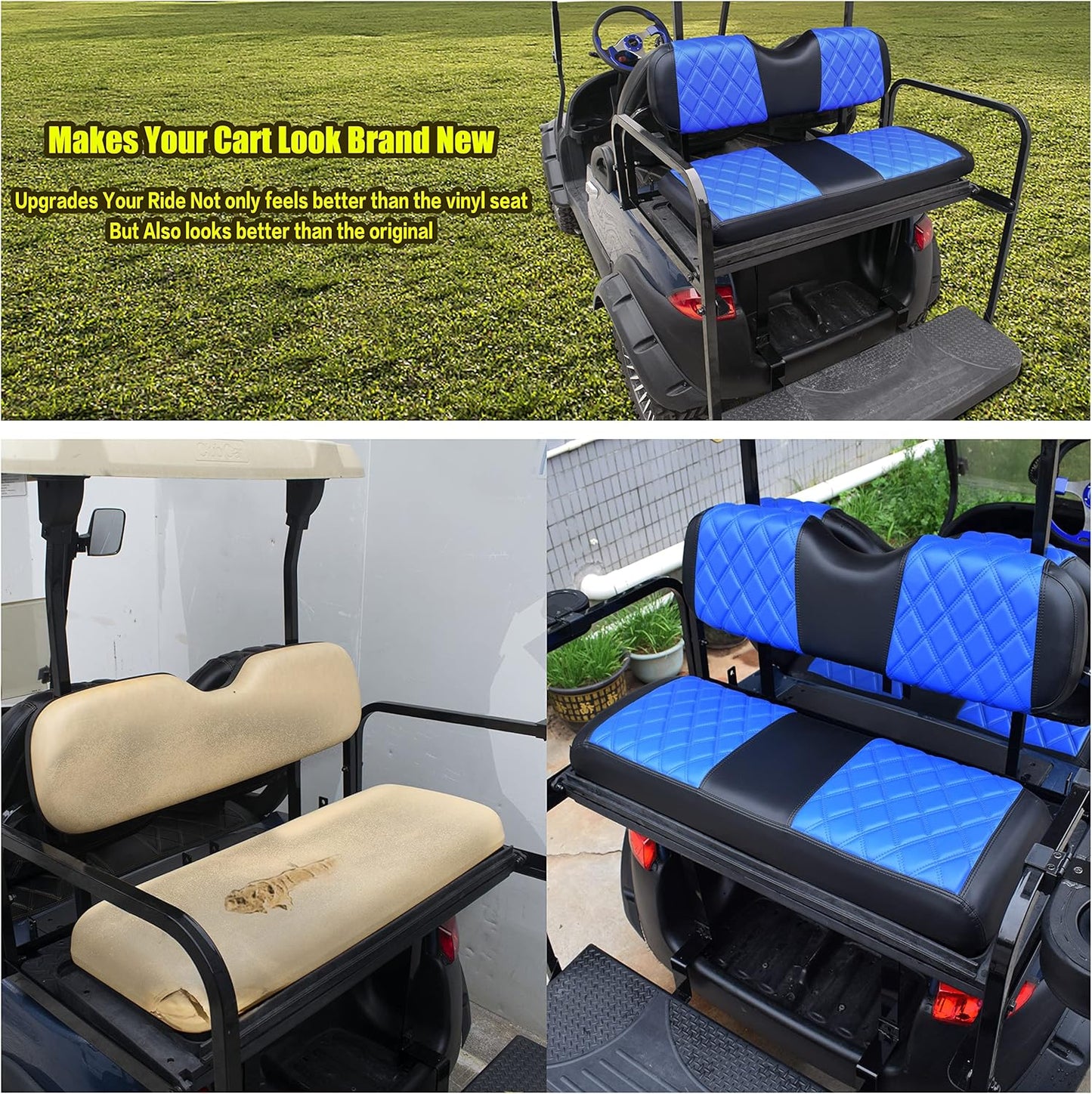 NOKINS Golf Cart Seat Covers Fit Club Car Precedent/DS/EZGO RXV/TXT/Yamaha Drive Aftermarket Standard Rear Seat Cushion, No Stapler, Multiple Colors&Breathable (Blue&Black)