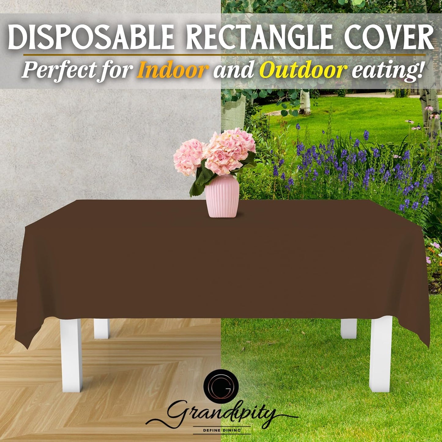 Grandipity 12 Pack Premium Disposable Plastic Tablecloth 54 Inch. x 108 Inch. Decorative Rectangle Table Cover - Brown