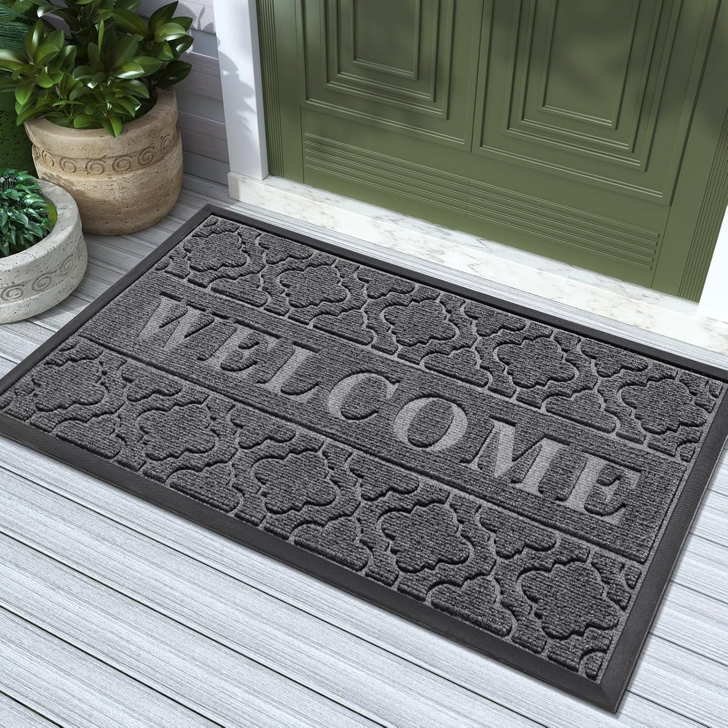 Yimobra Welcome Mat Outdoor Indoor, All-Season Waterproof Front Door Mat Outside Entrance, All-Weather Heavy Duty Non-Slip Doormat, Low Profile Porch Patio Entrance Mats, 47x32, Dark Grey