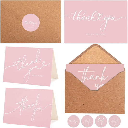 100 Bulk Pink Thank You Cards with Kraft Envelopes and stickers - 4 Minimalistic Designs Blank Thank You Notes with Envelopes for business Wedding Bridal Gift Baby Shower Business Graduation