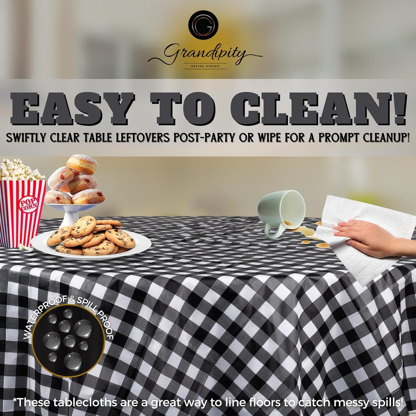 Grandipity 12 Pack Premium Disposable Plastic Tablecloth 84" Inch Decorative Round Checkered Table Cover - Black Checkered Gingham