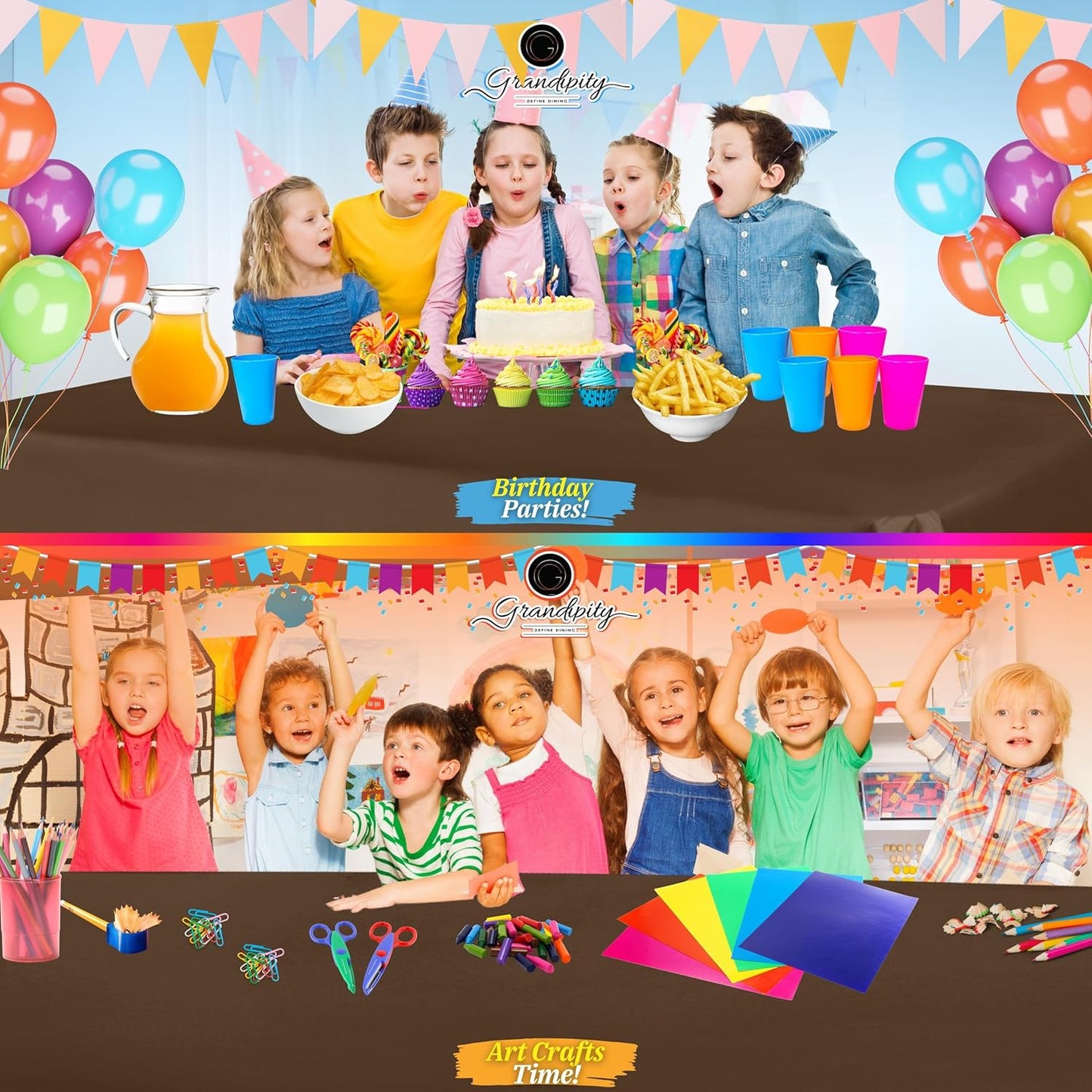 Grandipity 12 Pack Premium Disposable Plastic Tablecloth 54 Inch. x 108 Inch. Decorative Rectangle Table Cover - Brown