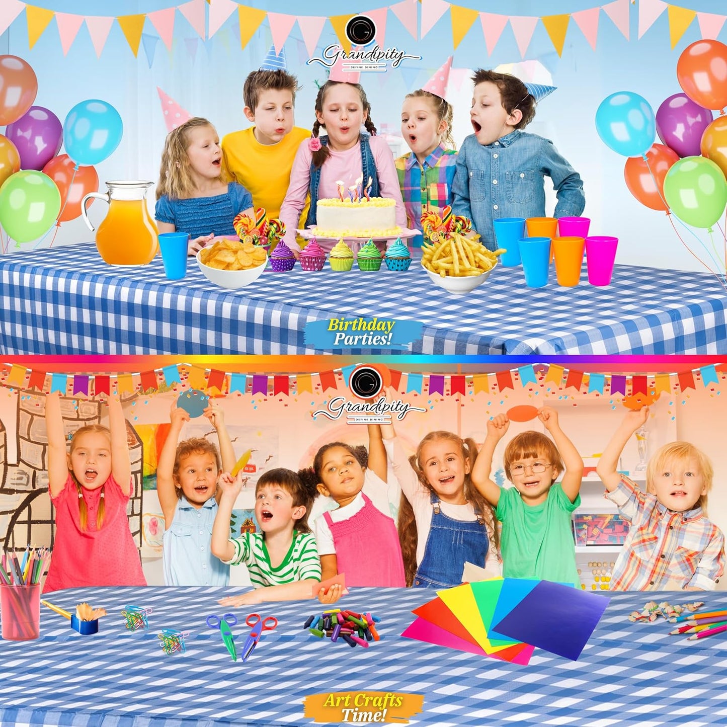 Grandipity 12 Pack Premium Disposable Plastic Picnic Tablecloth 54 Inch. x 108 Inch. Decorative Rectangle Table Cover - Blue Checkered Gingham