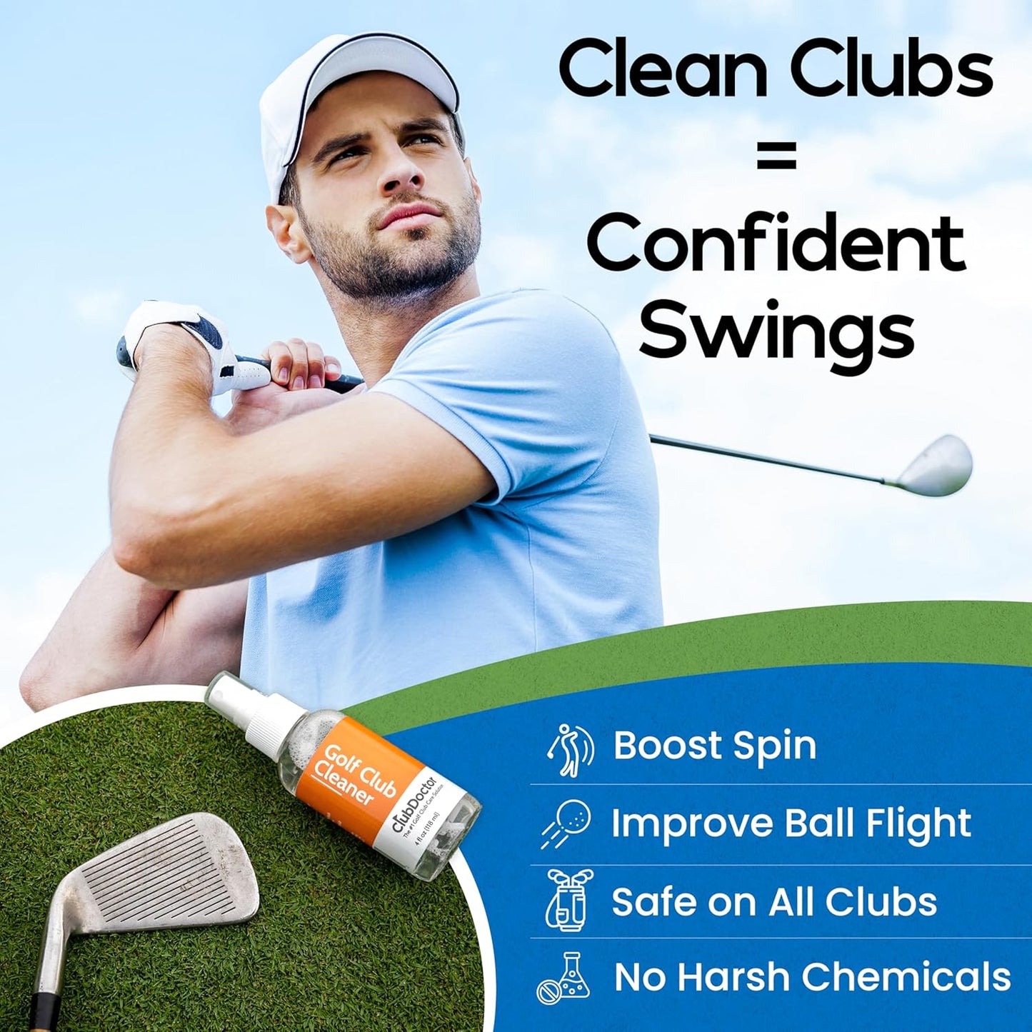Club Doctor - Club Cleaning Solution - Golf Club Cleaner Spray - Removes Dirt from Grooves - Increase Spin and Improve Ball Flight - Clips onto Bag for Convenience - 4 oz