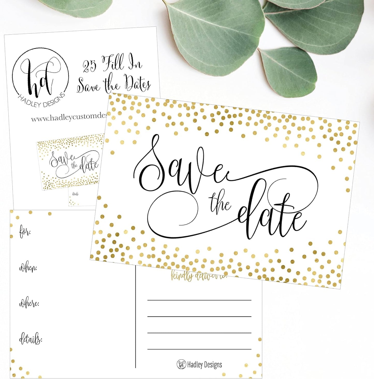 Hadley Designs 25 Elegant Gold Dots Save The Date Postcards For Wedding, Engagement, Anniversary, Baby Shower, Birthday Party Invitations Simple Black and White Blank Event Announcements