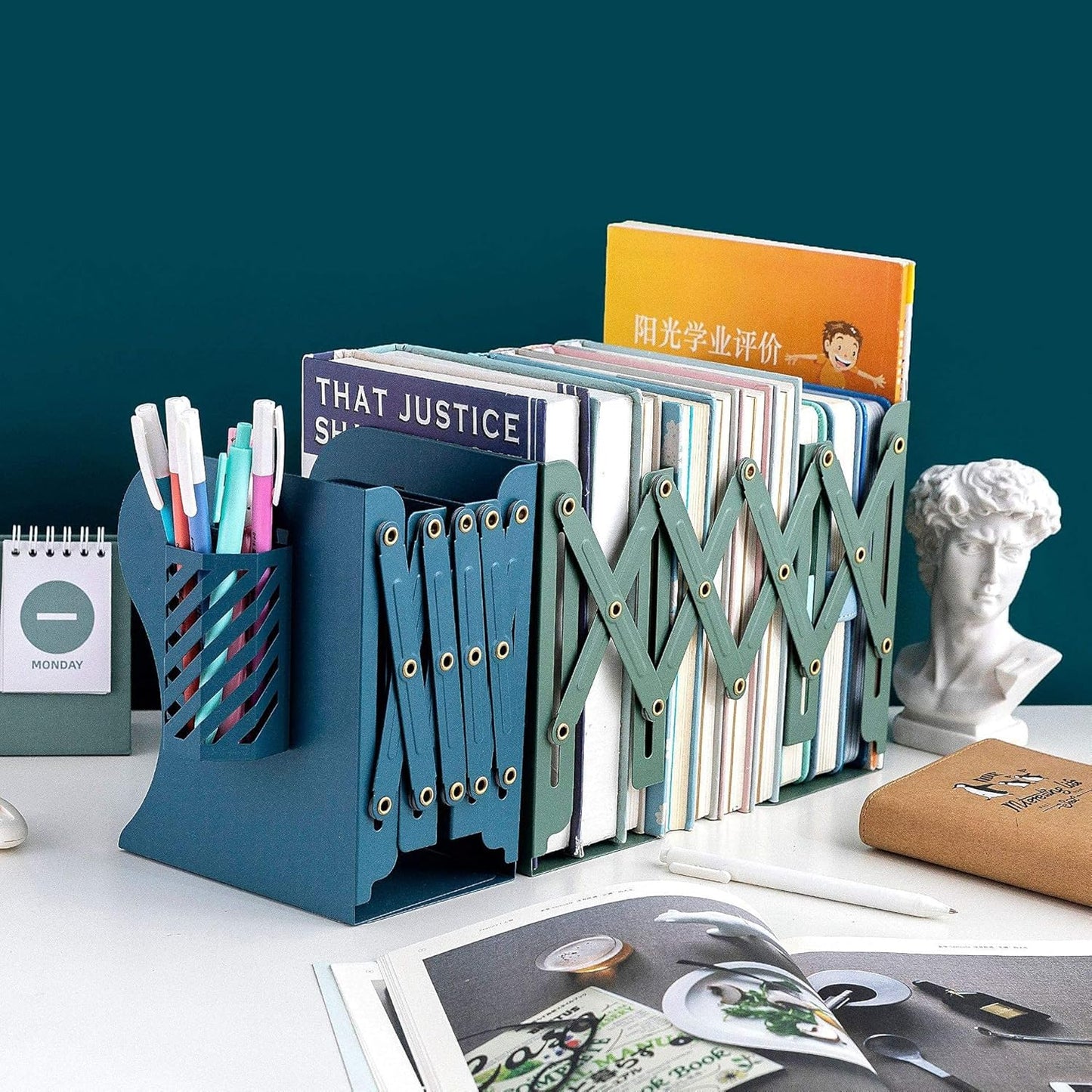 Adjustable Bookends Metal Book Ends for Heavy Book Holder Heavy Duty Bookends Nonskid Bookcase Desktop Book Organizer Binder Holder (Blue)