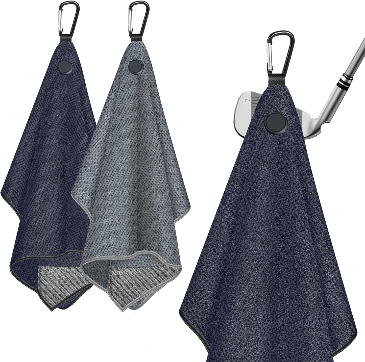 2 Pack Magnetic Golf Towels with Carabiner, Ultra Absorbent Microfiber, Wire Cleaning Cloth, Waffle Pattern Golf Towel with Magnet for Men Women, Golf Accessories for Golf Bags, Carts or Clubs