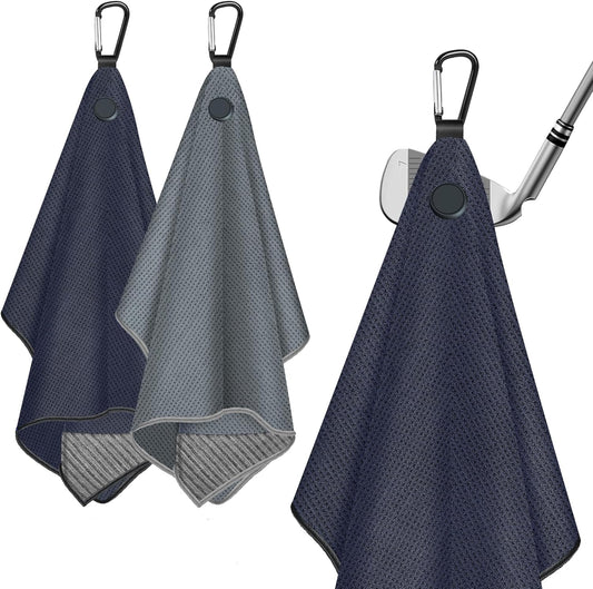 2 Pack Magnetic Golf Towels with Carabiner, Ultra Absorbent Microfiber, Wire Cleaning Cloth, Waffle Pattern Golf Towel with Magnet for Men Women, Golf Accessories for Golf Bags, Carts or Clubs