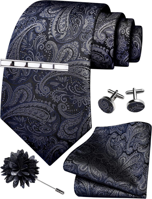 GUSLESON Tie Set for Men Necktie and Pocket Square,Tie Clip,Cufflinks, Lapel Pin Sets with Gift Box 5PCS