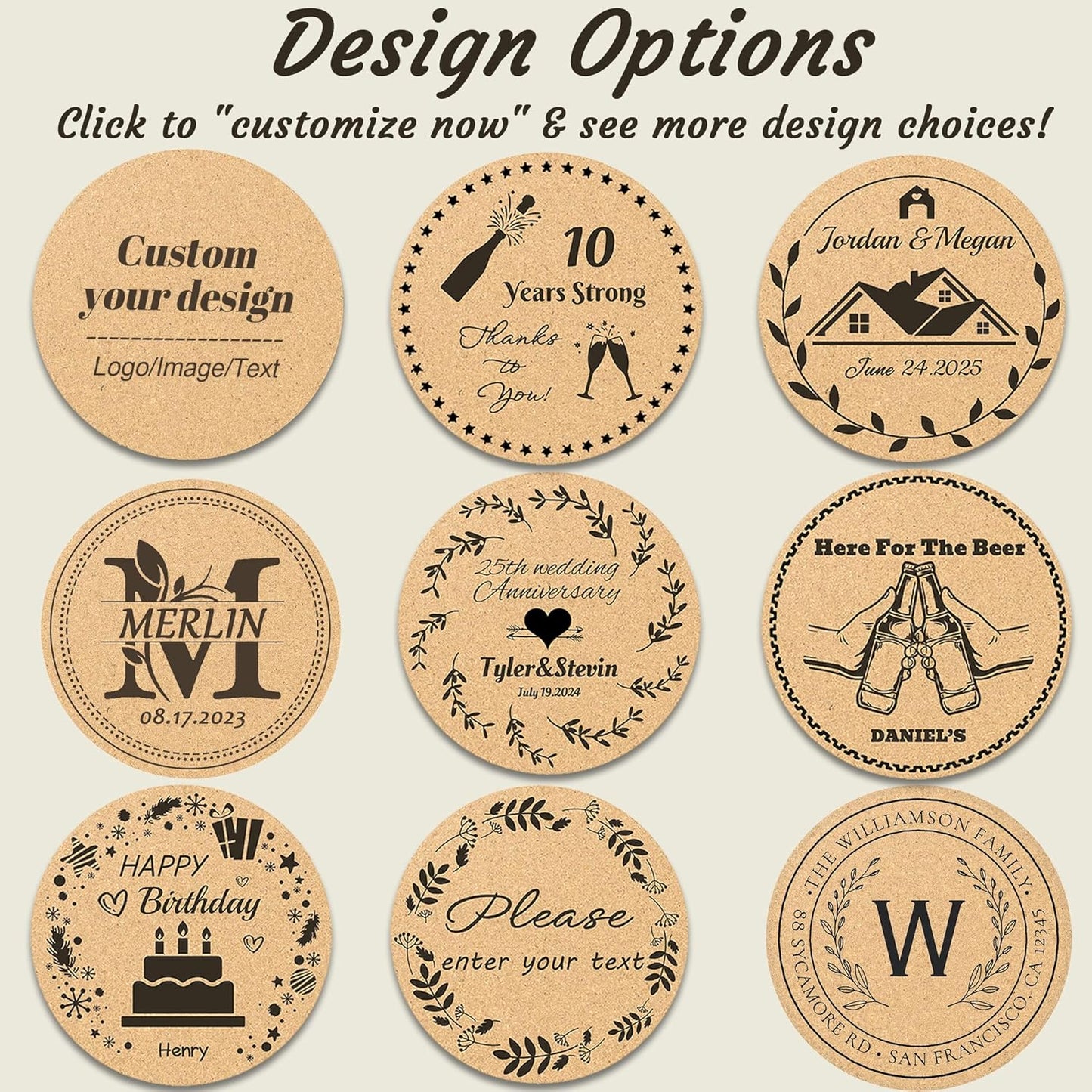 30-100Pcs Personalized Coasters, Custom Cork Drink Coasters with Laser Engraved Text Name Logo, Non-Slip, Heat-Resistant, Custom Wedding, Anniversary, Housewarming Gifts (Upgraded Version)