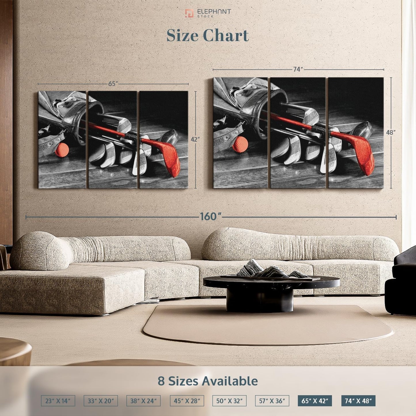 ElephantStock Golf Equipment Pop Wall Art - Horizontal Canvas - 3-Piece Living Room Wall Decor - Photography Sports Canvas Print - Black and Gray Decor for Wall - 74" X 48"