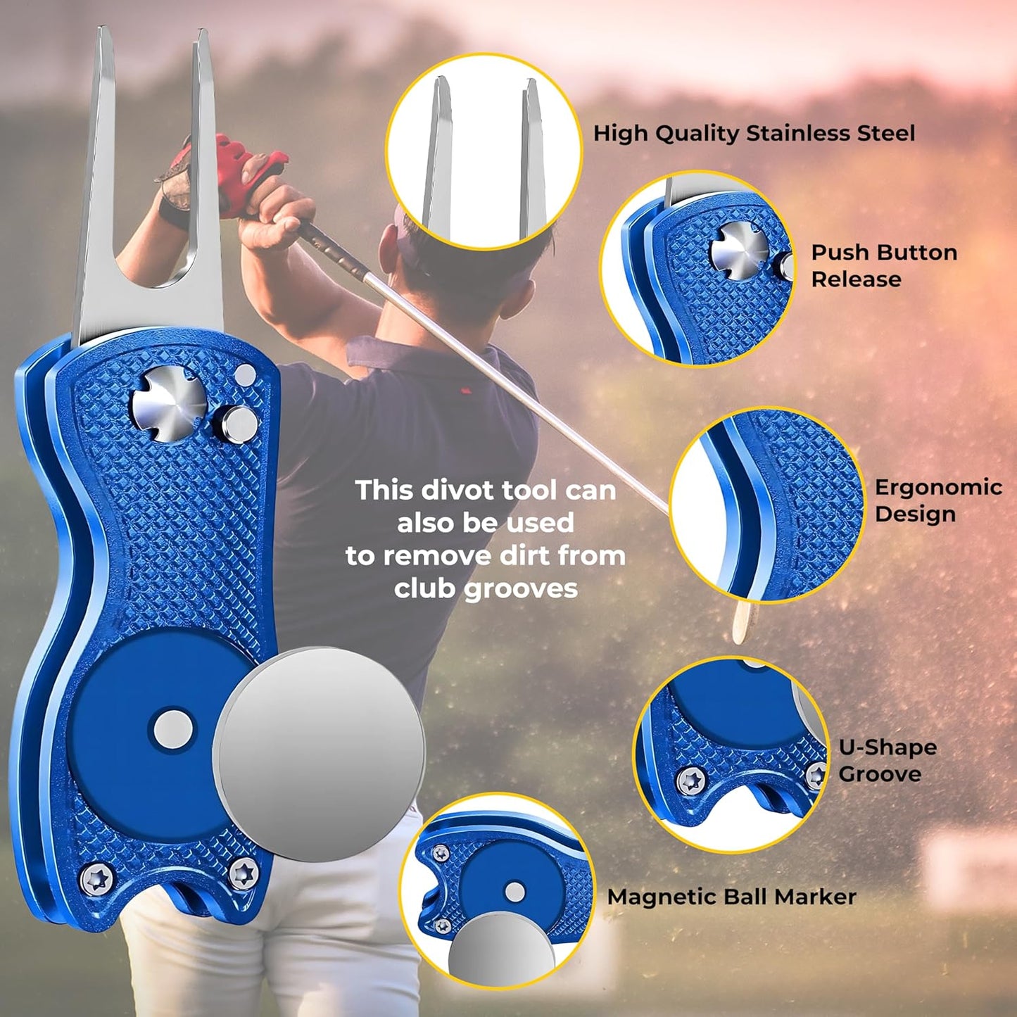 Golf Divot Tool with Magnetic Ball Marker, Multifunctional Divot Tool, Foldable Fork,Fix Divots, Clean Clubs and Cleats, U Shape Bottom can Hold Club