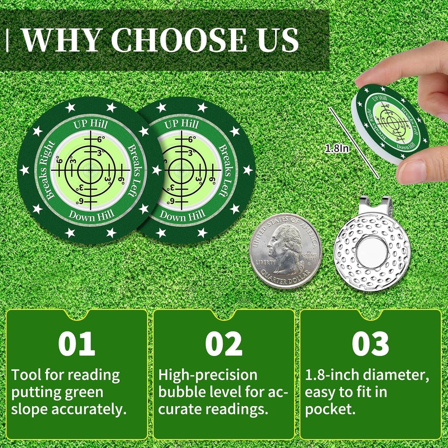 Golf Green Reader, 2 Pack Golf Ball Marker Hat Clip with High Precision Horizontal Bubble, Putting Training Aid Golf Accessories Tool Gift for Men Women