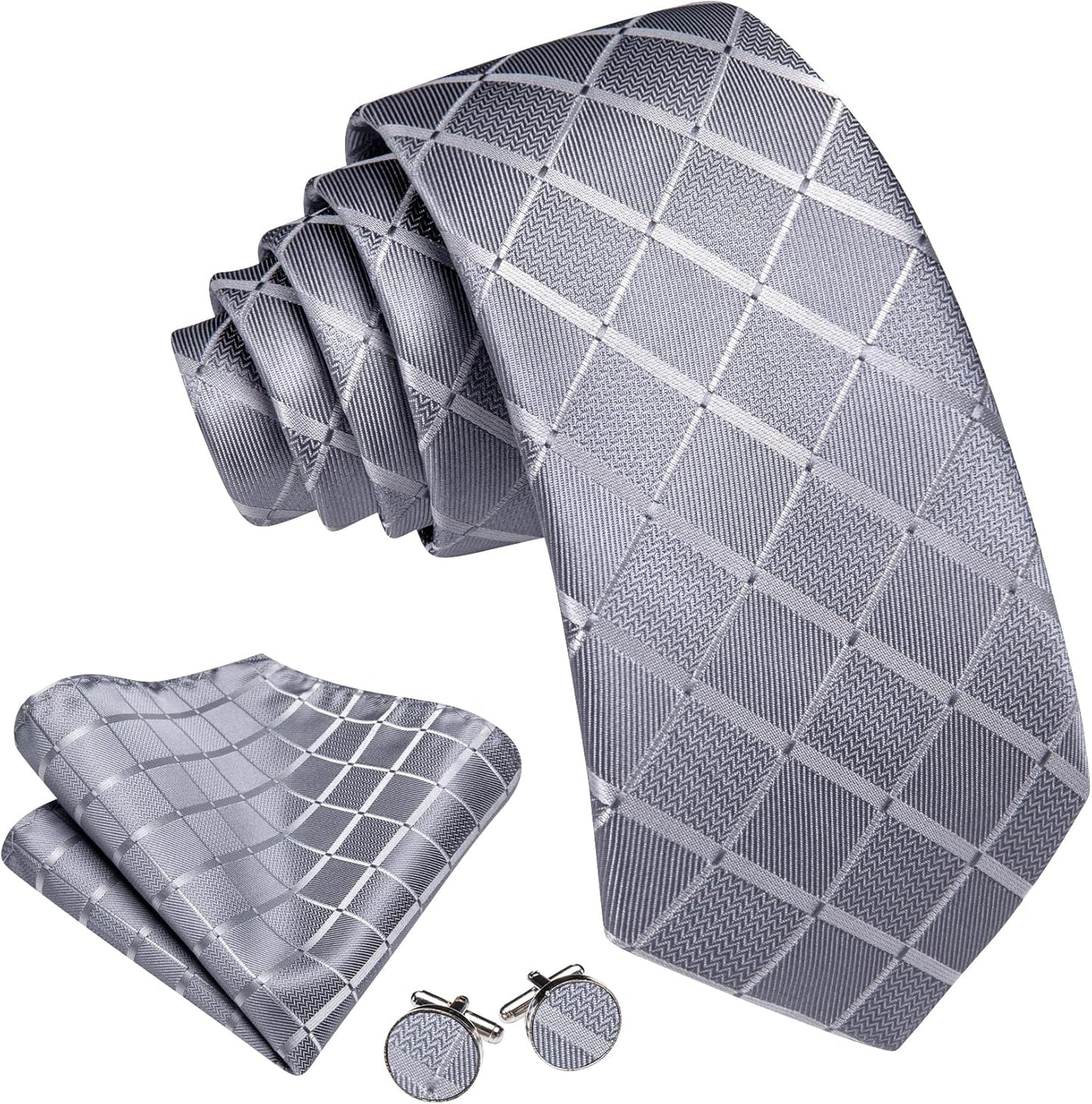 Barry.Wang Designer Classic Ties for Men Set Formal Pocket Square Cufflink Check Plaid