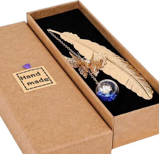 Metal Feather Bookmark with Butterfly Charm – Christmas Gifts for Women, Teachers & Book Lovers – Stocking Stuffers, Secret Santa, Birthday & Holiday Gift Box