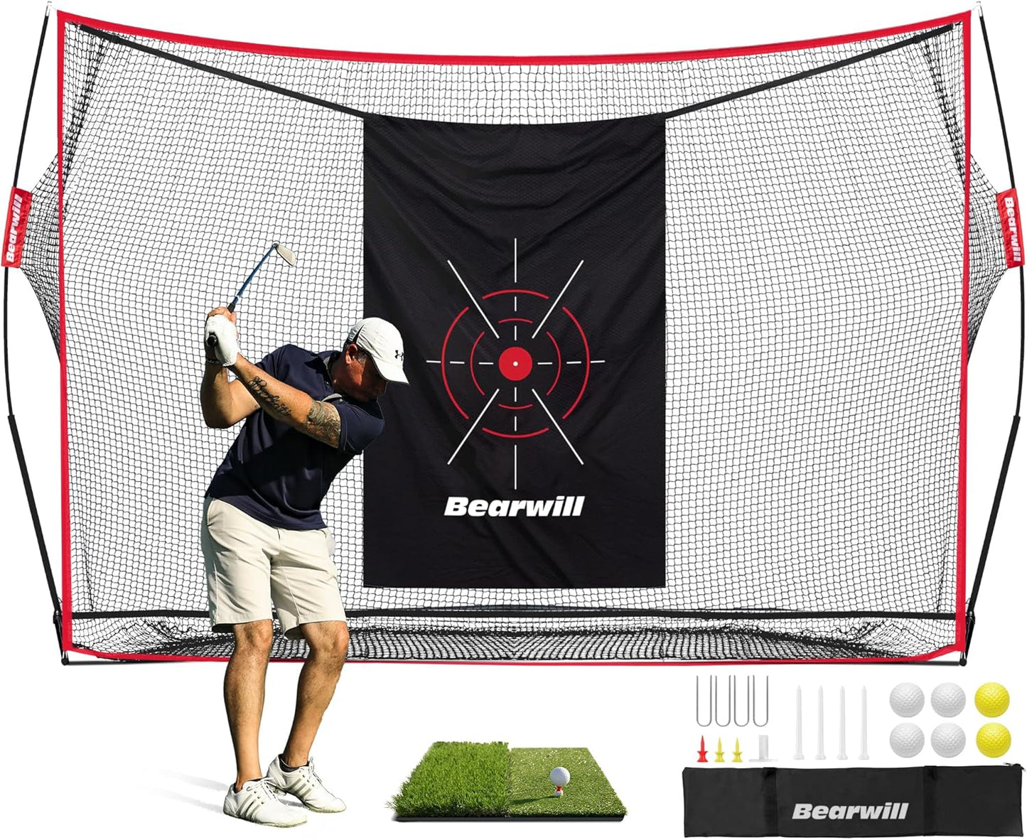 Bearwill Golf Net, 10x7ft Heavy Duty Golf Practice Nets with Mat, Target Cloth, 8 Tees, 6 Balls, Carry Bag for Backyard Driving Chipping Indoor Outdoor Training