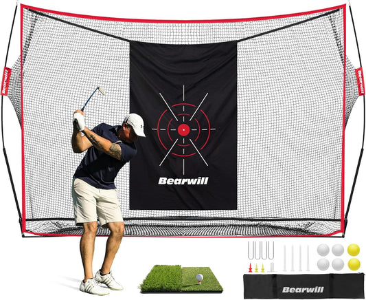 Bearwill Golf Net, 10x7ft Heavy Duty Golf Practice Nets with Mat, Target Cloth, 8 Tees, 6 Balls, Carry Bag for Backyard Driving Chipping Indoor Outdoor Training