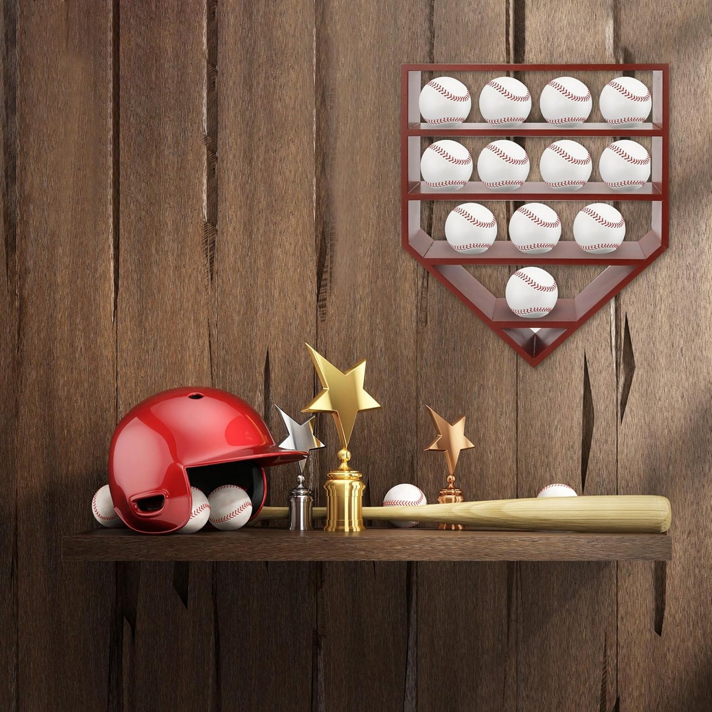 Baseball Display Case,Baseball Holders for Balls,12.8x16 inches Large Cherry Shadow Box for 12 Baseballs Wall Mount,Without Door,for Home Run and Collector Autograph Balls