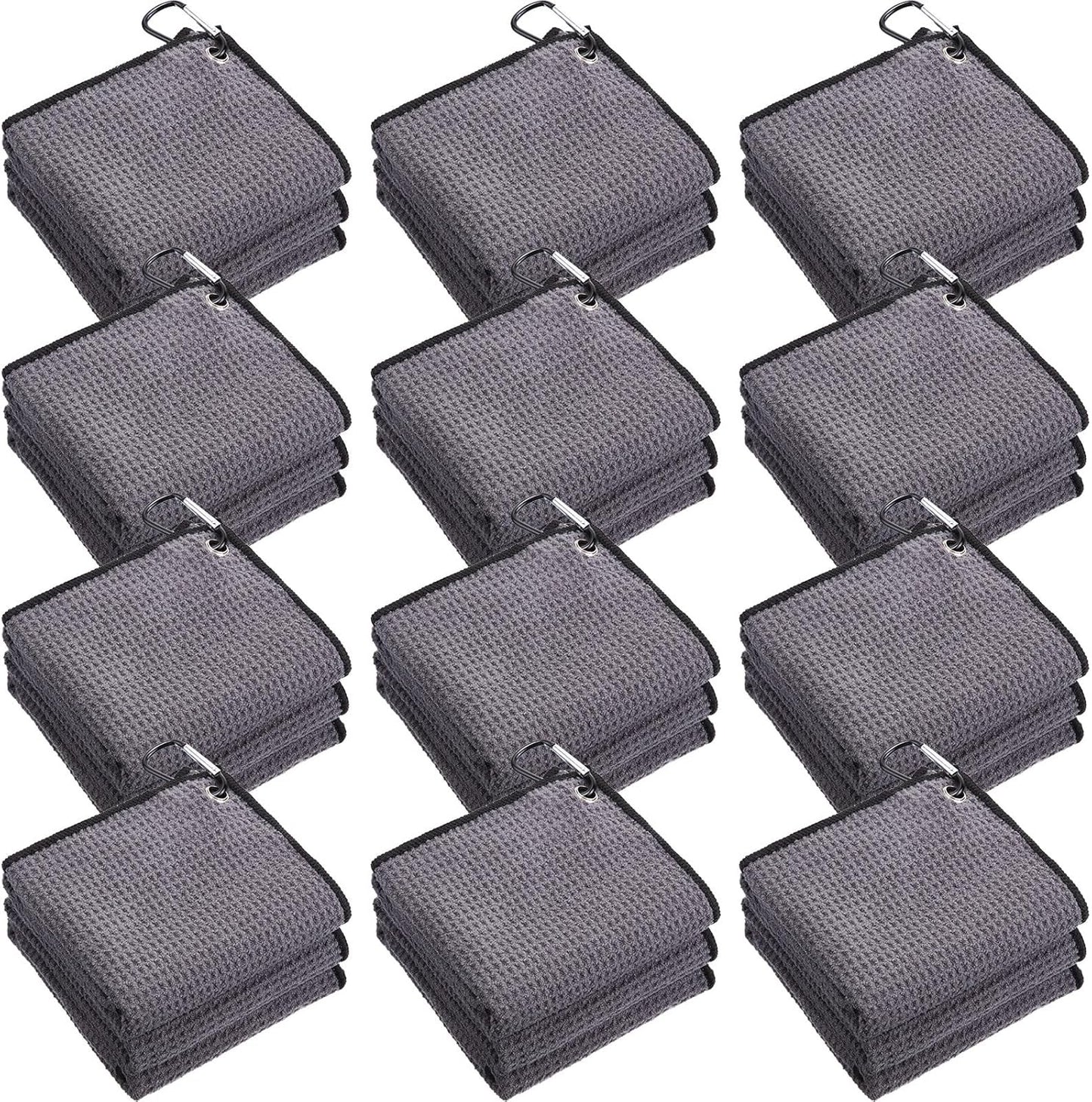 Batiyeer 12 Pcs Golf Towel Bulk for Golf Bags 16'' x 16'' Microfiber Fabric Towel with Clip Waffle Pattern, Fitness, Camping, Hiking, Yoga